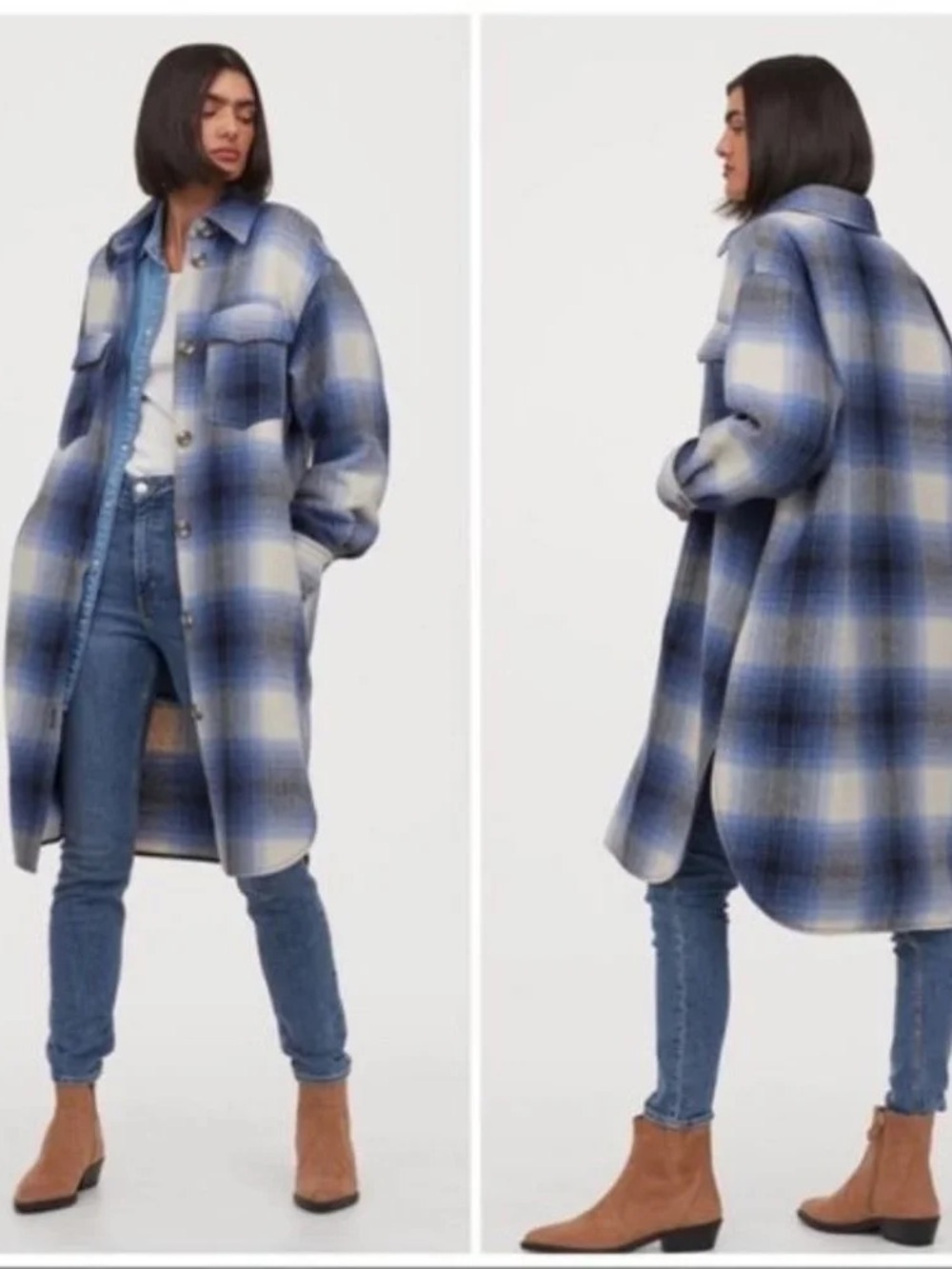 Blue Plaid Long Shacket Coat